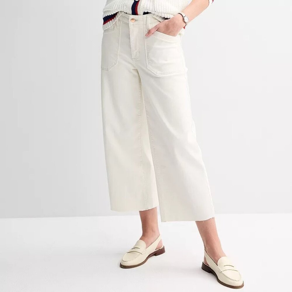 Women's Sonoma High-Rise Raw Hem Wide Leg Ankle Jeans Cream Size 8